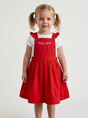 Monoprix Girls Red Embroidered Apron Dress Handmade Size 5